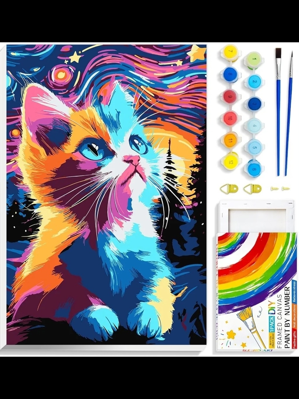 Vibrant Neon Cat Paint-by-Number Canvas Art